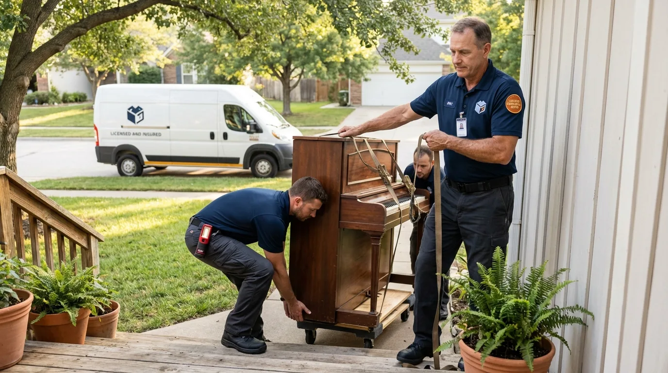 Licensed piano movers securing grand piano in Lambertville, NJ