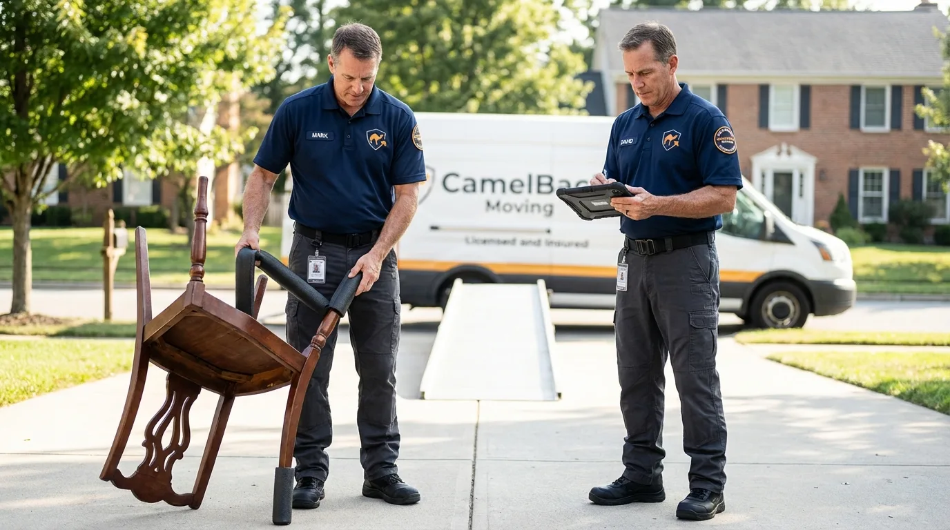Movers inspecting furniture for damage prevention before loading in Lambertville, NJ