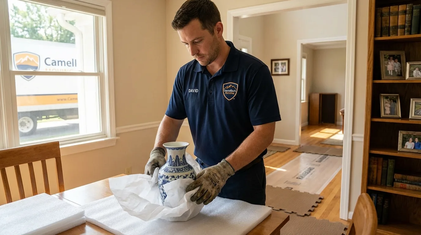 Professional crew carefully wrapping antique vase for senior downsizing move in Lambertville, NJ
