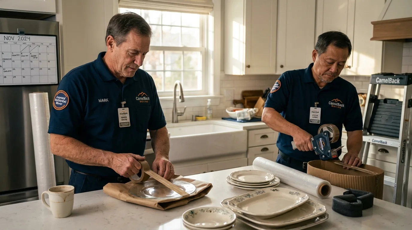 Professional crew packing kitchen dishware in Lambertville, NJ